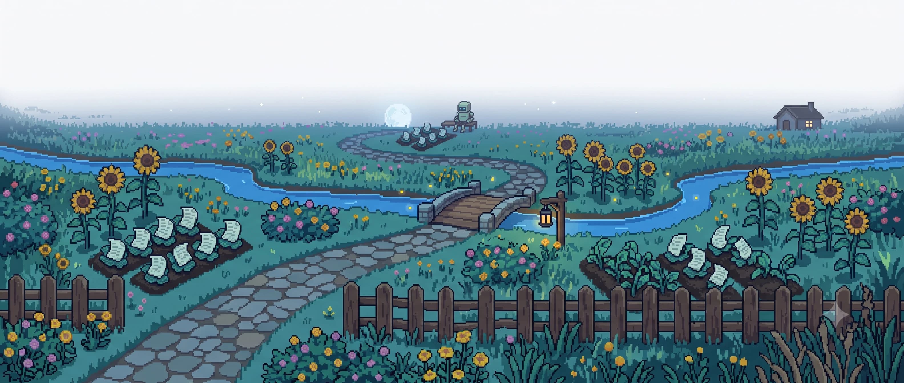 The pixel-art garden at night — the robot resting while drafts grow under the moon